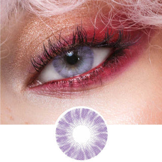 Composite of a brown eye wearing the Shade Violet color contact lens, above the design file of the contact lens itself.
