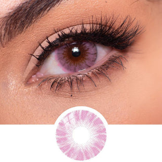 EyeCandys pink label shade pink color contact lens worn on dark eyes, with natural eye makeup, on top of the contact lens design