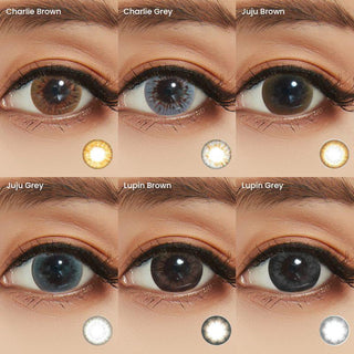 Variety of EyeCandys natural grey, hazel, blue, and brown silicone hydrogel hydrating contact lenses, each worn with minimal eye makeup on a separate eye.