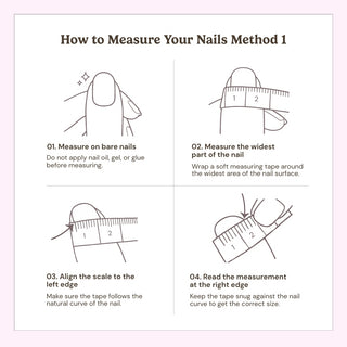 Press on nails sizing guide illustration demonstrating how to use a tape measure to find correct nail size for comfortable reusable nail application.