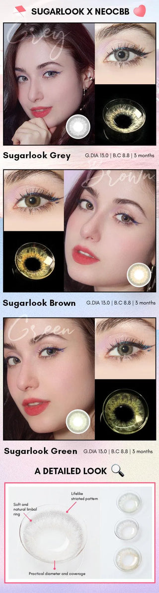 Eyecandys Sugarlook colored contact lens collage with model wearing lenses, detailed eye close-up, and macro shot of lens patterns in grey, brown, and green