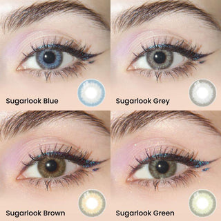 Collage of the EyeCandys Sugarlook series color eye contacts in Blue, Grey, Brown and Green, modelled on dark eyes with subtly colored eye makeup