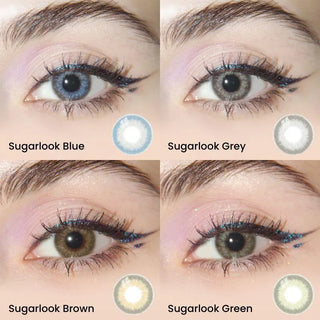 Collage of the EyeCandys Sugarlook series color eye contacts in Blue, Grey, Brown and Green, modelled on dark eyes with subtly colored eye makeup