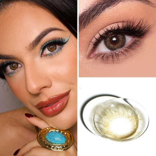 Close-up of a model wearing EyeCandys Sugarlook brown colored contacts, highlighting the warm hazel tones that enhance the natural eye color with a subtle and radiant look.