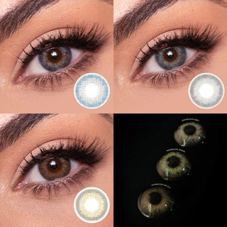 Various colors of the Sugarlook Series of prescription colored contact lenses from EyeCandys worn on dark eyes with clean makeup. Colors of the contacts include blue, grey and brown, and the last image on the collage is a close up image of the same contact lenses in a black background. 