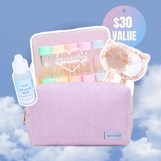 EyeCandys summer lens travel kit which includes Dream Eye Drops  Cotton Candy Colored Contact Lens Case  and cat pink hand held mirrror