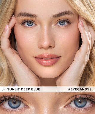 EyeCandys Sunlit Blue contact lens, showcasing the new blue shade available. Model wearing the hazel contacts on dark eyes on top, closeup of her eyes with natural makeup on the  bottom.