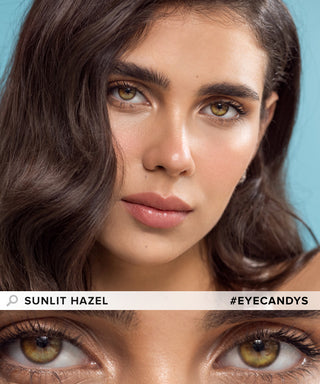 EyeCandys Sunlit Hazel contact lens, showcasing the new hazel shade available. Model wearing the hazel contacts on dark eyes on top, closeup of her eyes with natural makeup on the  bottom.