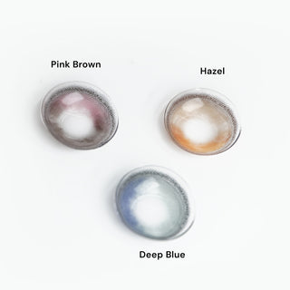 Assortment of EyeCandys contact lenses in hazel, blue, and pink colors