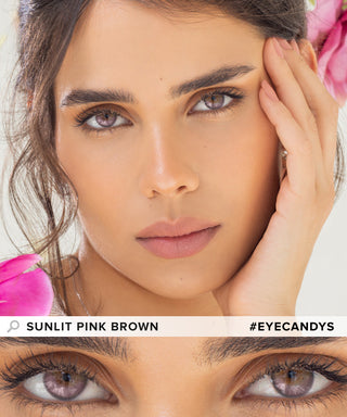 EyeCandys Sunlit Pink Brown contact lens, showcasing the new pink shade available. Model wearing the pink contacts on dark eyes on top, closeup of her eyes with natural makeup on the bottom.