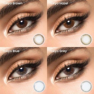 Variety of EyeCandys natural grey, hazel, blue, and brown contact lenses, each worn with a smokey eye makeup on a separate eye.