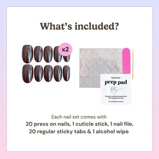 EyeCandys press-on nails kit with cuticle stick, nail file, sticky tabs, and alcohol wipe for easy at-home nail application.