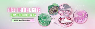 Photo featuring a pink and green EyeCandys Magic Moon Contact Lens Case alongside The vibrant contact lens case is perfect for stylish storage, while the close-up highlights the stunning color and quality of the pink and brown lenses, ideal for those seeking eye-catching looks and comfortable wear. Perfect for contact lens enthusiasts looking for fashionable and functional accessories