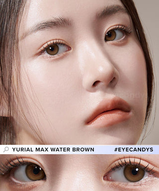 Model showcasing the realistic look using Yurial Max Water Brown circle contact lenses, above a closeup of a pair of eyes transformed by the brown contacts