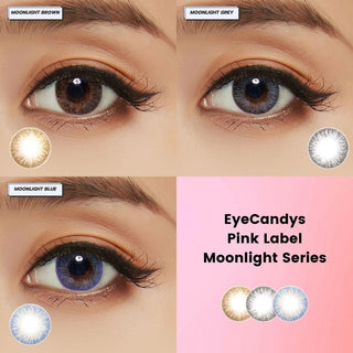 Assortment colors of the Soony series colored contact lenses worn on dark eyes with clean makeup. Colors of the contacts include brown, grey, and blue