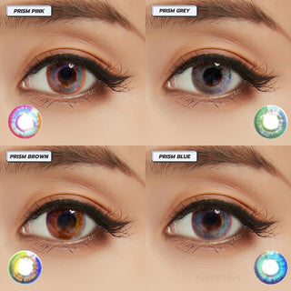 Collage of the 4 colors of the Prism colour contact lens series: pink, grey, brown and blue colour eye contacts on dark brown eyes.