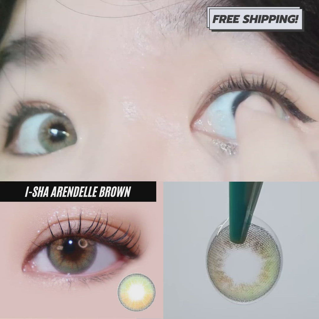 Model is experimenting with i-Sha Arendelle Brown prescription color contacts, taking them carefully out with tweezers and applying them on her dark brown eyes.
