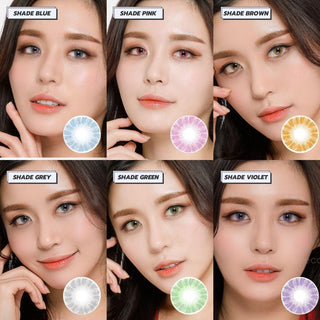 collage of model wearing various pink label shade series contact lenses - ranging from blue, pink, brown, grey, green and violet