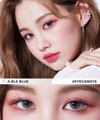 Model showcasing the natural look using Olola Able Blue (KR) prescription color contacts, above a closeup of a pair of eyes transformed by the color contact lenses