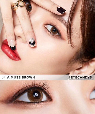 Model showcasing the natural look using Olola Amuse Brown (KR) prescription color contacts, above a closeup of a pair of eyes transformed by the color contact lenses