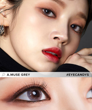 Model showcasing the natural look using Olola Amuse Grey (KR) prescription color contacts, above a closeup of a pair of eyes transformed by the color contact lenses