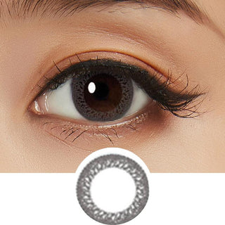 Collage showing Close-up shot of a model eye wearing ﻿Lacelle Cool Gray colored contact lens in one eye that is naturally dark-brown with natural eye make up and lashes, Single ﻿Lacelle Cool Gray contact lens on a white surface showing the pixel detail