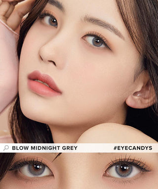 Model showcasing the natural look using Olola Blow Midnight Grey (KR) prescription color contacts, above a closeup of a pair of eyes transformed by the color contact lenses