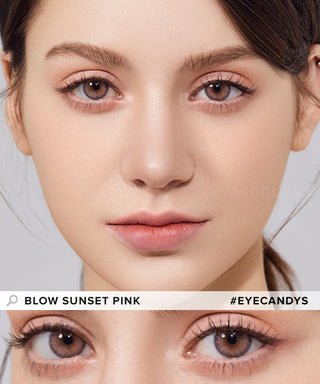Model showcasing the natural look using Olola Blow Sunset Pink (KR) prescription color contacts, above a closeup of a pair of eyes transformed by the color contact lenses