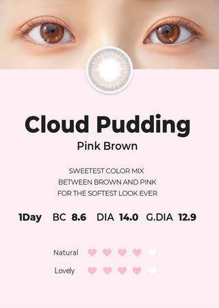 Asian model demonstrating a K-idol-inspired look with Chuu Cloud Pudding Pink Brown (10pk) coloured contact lenses, highlighting the instant brightening and enlarging effect of the circle contact lenses over dark irises.