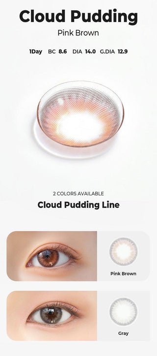 Asian model demonstrating a K-idol-inspired look with Chuu Cloud Pudding Pink Brown (10pk) coloured contact lenses, highlighting the instant brightening and enlarging effect of the circle contact lenses over dark irises.