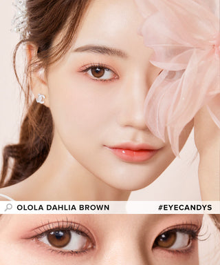 Model showcasing the natural look using Olola Dahlia Brown (KR) prescription color contacts, above a closeup of a pair of eyes transformed by the color contact lenses
