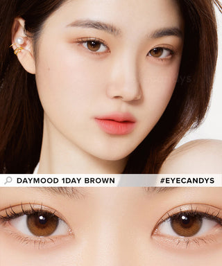 Model showcasing the natural look using Olola Daymood 1-Day Brown (10pk) (KR) prescription color contacts, above a closeup of a pair of eyes transformed by the color contact lenses