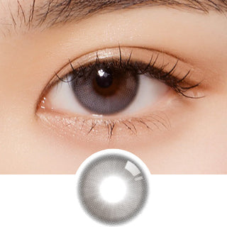Macro shot of an eye wearing the Olola Daymood 1-Day Grey (10pk) (KR) colour contact lens, showing the multi-colored detail and natural effect on dark brown eyes, with clean eye makeup