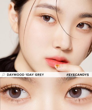 Model showcasing the natural look using Olola Daymood 1-Day Grey (10pk) (KR) prescription color contacts, above a closeup of a pair of eyes transformed by the color contact lenses