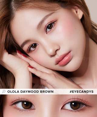 Model showcasing the natural look using Olola Daymood Brown (KR) prescription color contacts, above a closeup of a pair of eyes transformed by the color contact lenses