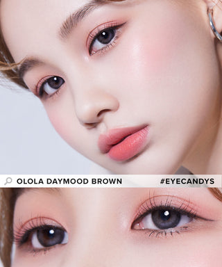 Model showcasing the natural look using Olola Daymood Grey (KR) prescription color contacts, above a closeup of a pair of eyes transformed by the color contact lenses