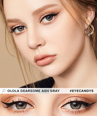 Model showcasing the natural look using Olola Dearsome Ash Grey (KR) prescription color contacts, above a closeup of a pair of eyes transformed by the color contact lenses