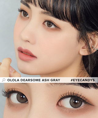 Model showcasing the natural look using Olola Dearsome Ash Grey (KR) prescription color contacts, above a closeup of a pair of eyes transformed by the color contact lenses