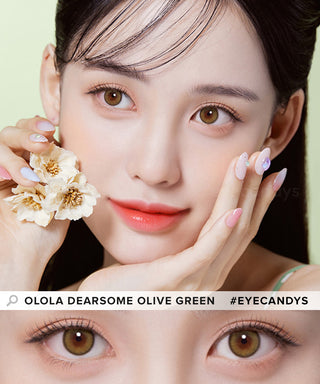 Model showcasing the natural look using Olola Dearsome Olive Green (KR) prescription color contacts, above a closeup of a pair of eyes transformed by the color contact lenses