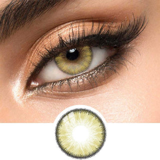 Detailed view of EyeCandys desire sandy beige contact lens on a brown eye which also includes a close-up detail of the contact lens.