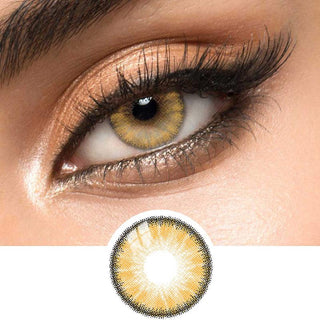 Detailed view of EyeCandys desire toffee brown contact lens on a brown eye which also includes a close-up detail of the contact lens.