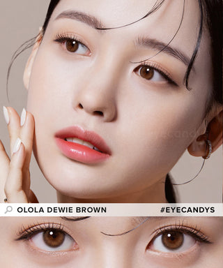 Model showcasing the natural look using Olola Dewie Brown (KR) prescription color contacts, above a closeup of a pair of eyes transformed by the color contact lenses