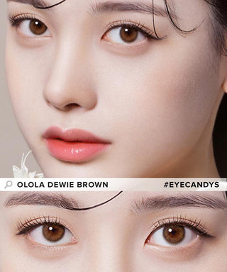 Model showcasing the natural look using Olola Dewie Brown (KR) prescription color contacts, above a closeup of a pair of eyes transformed by the color contact lenses