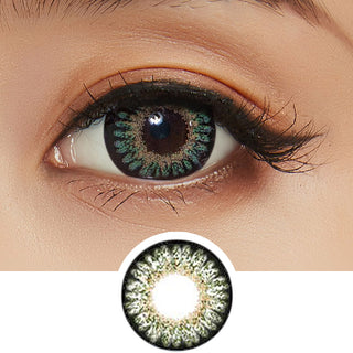 Close-up view of model's eye with Bambi Green contact lens paired with peach eyeshadow and a cut-out of the same lense below