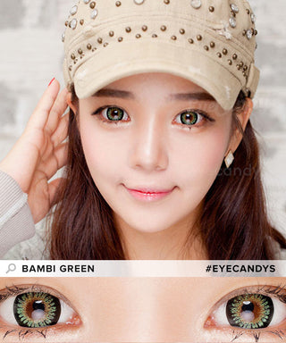 Asian model wearing  a beige cap paired with Bambi green contact lens with a closeup of eyes transformed by Bambi green contacts