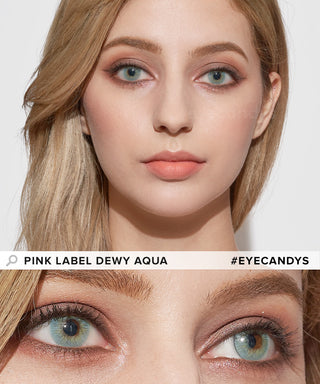 Woman wearing Pink Label Dewy Aqua blue contact lenses, above a cutout of her eyes closeup on the bottom.