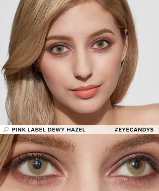 Woman wearing Pink Label Dewy Hazel contact lenses, above a cutout of her eyes closeup on the bottom, showing the opacity of the contact lens on dark eyes