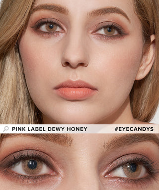 Woman wearing Pink Label Dewy honey contact lenses, above a cutout of her eyes closeup on the bottom, showing the opacity of the contact lens on dark eyes