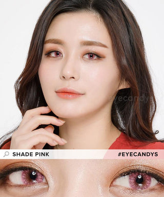 Female model showcasing Pink Label Shade Pink contacts with matching lipstick above a closeup of her eyes with the pink contact lenses