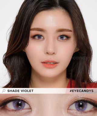 Asian model wearing purple contact lenses above a cut-out of close-up of dark eyes wearing the same purple contacts